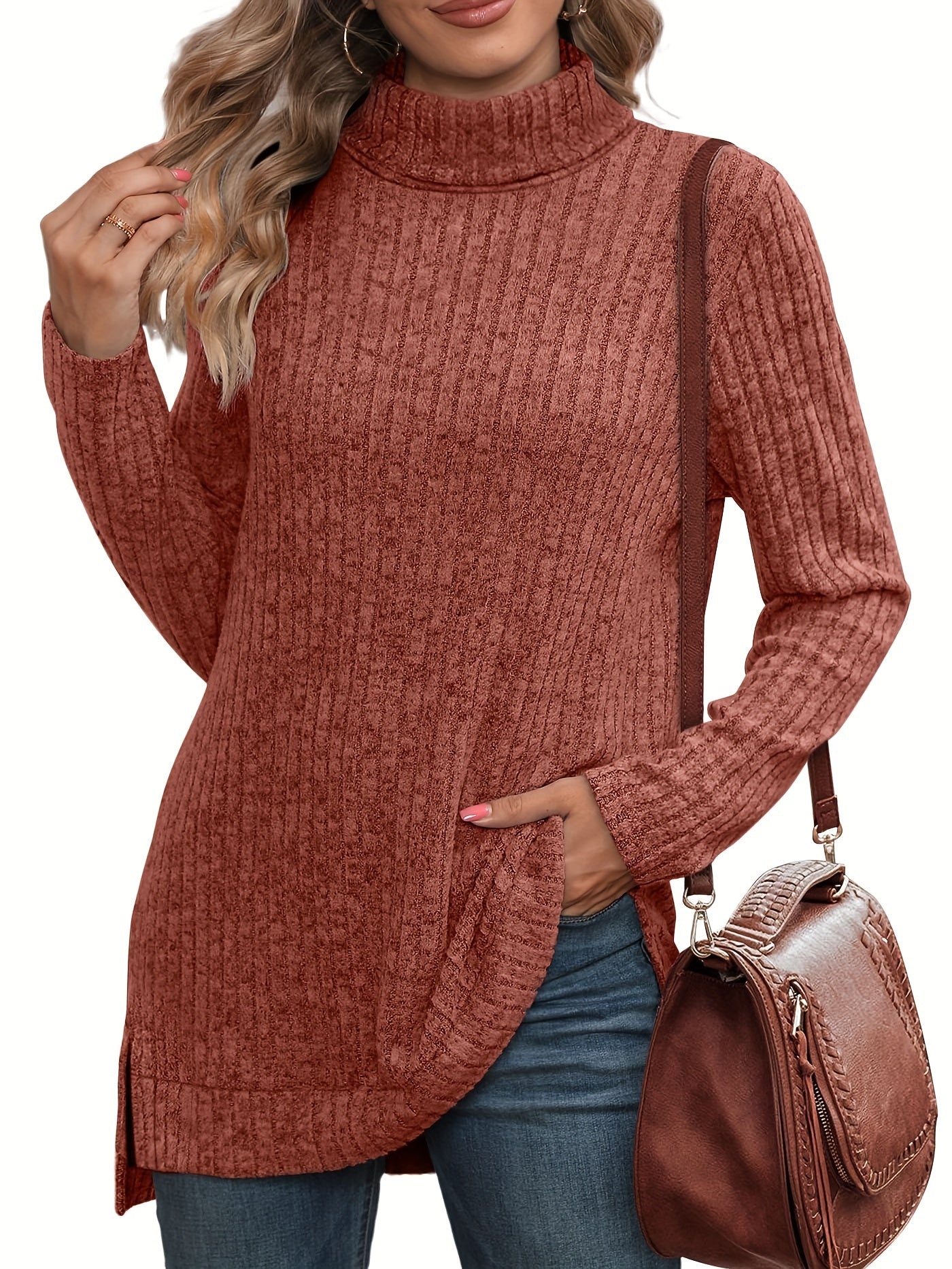 Ribbed Crew Neck Side Split T-Shirt, Casual Long Sleeve Top