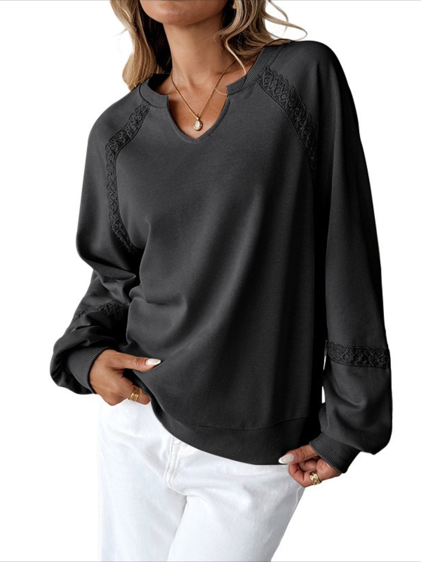 Solid Color Half-open Neck Splicing Lace Loose Fashion Long-sleeved Top