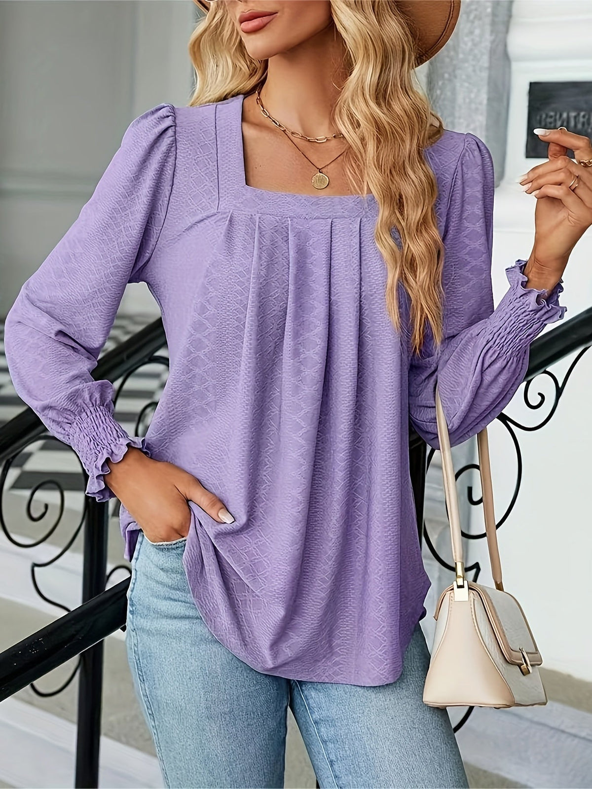 Elegant T-shirt, Women's  Argyle Textured Shirred Lantern Sleeve Square Neck Ruched Top