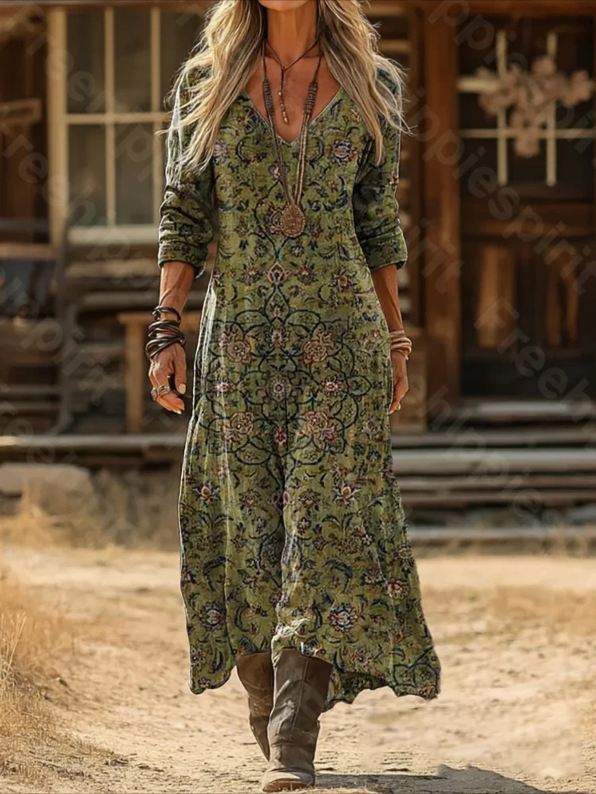 Vintage Ethnic Floral Digital Print Long Sleeve Dress