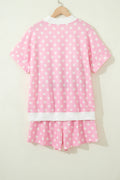 Pink Polka Dot Print Color Block Trim Mock Neck Short Set