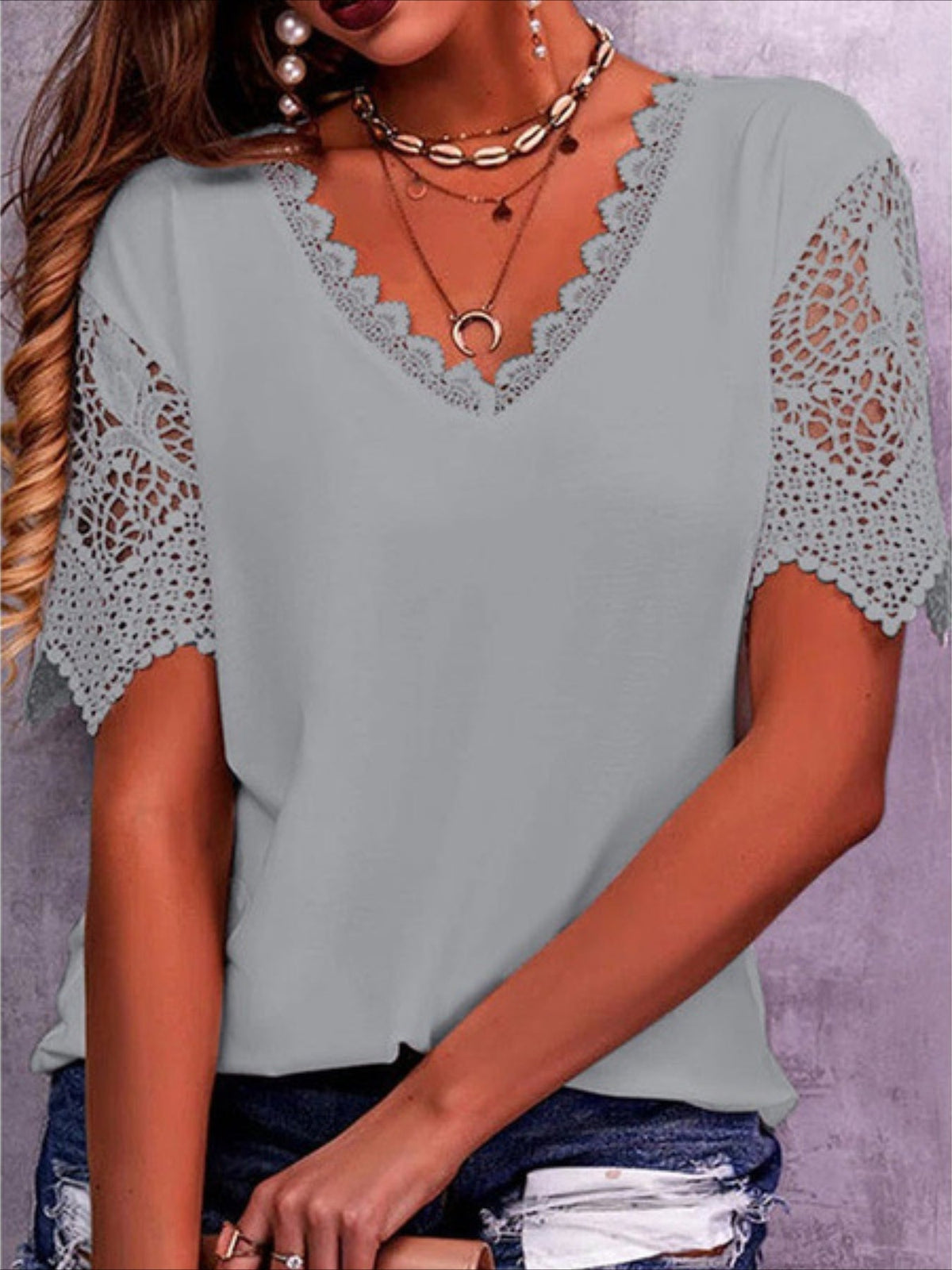 Pure Color Lace Patchwork Short Sleeve T-shirt
