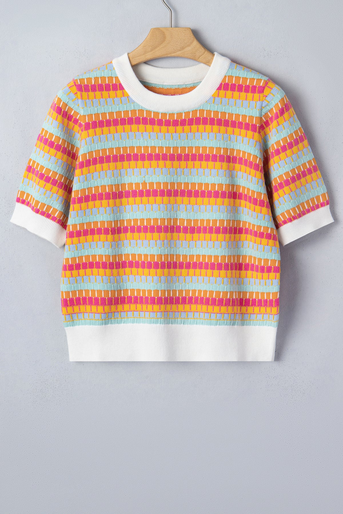 Orange Abstract Striped Knit Short Sleeve Sweater