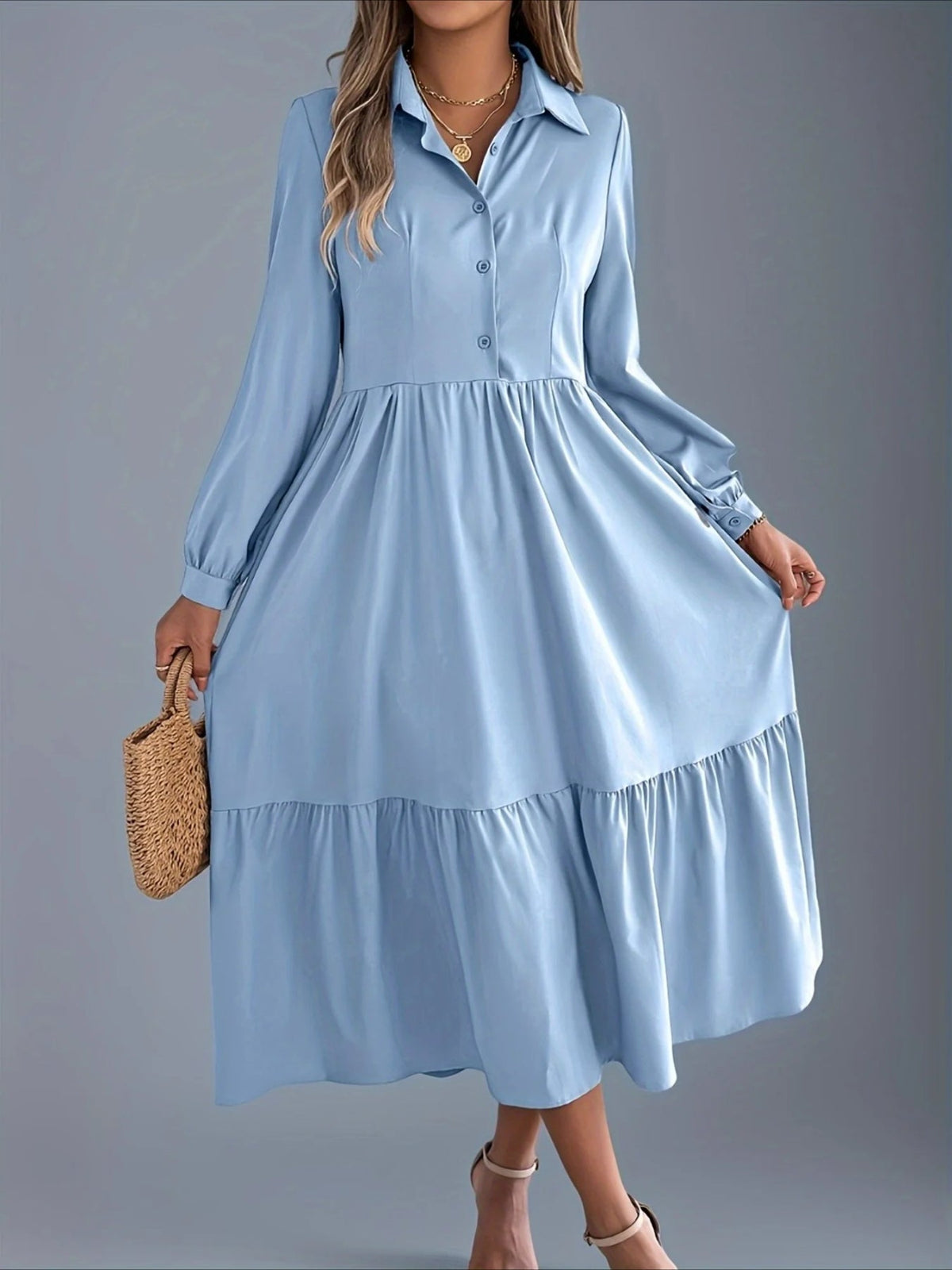 Elegant Solid Color Ruffle Hem Long Sleeve Lapel Collar Midi Dress