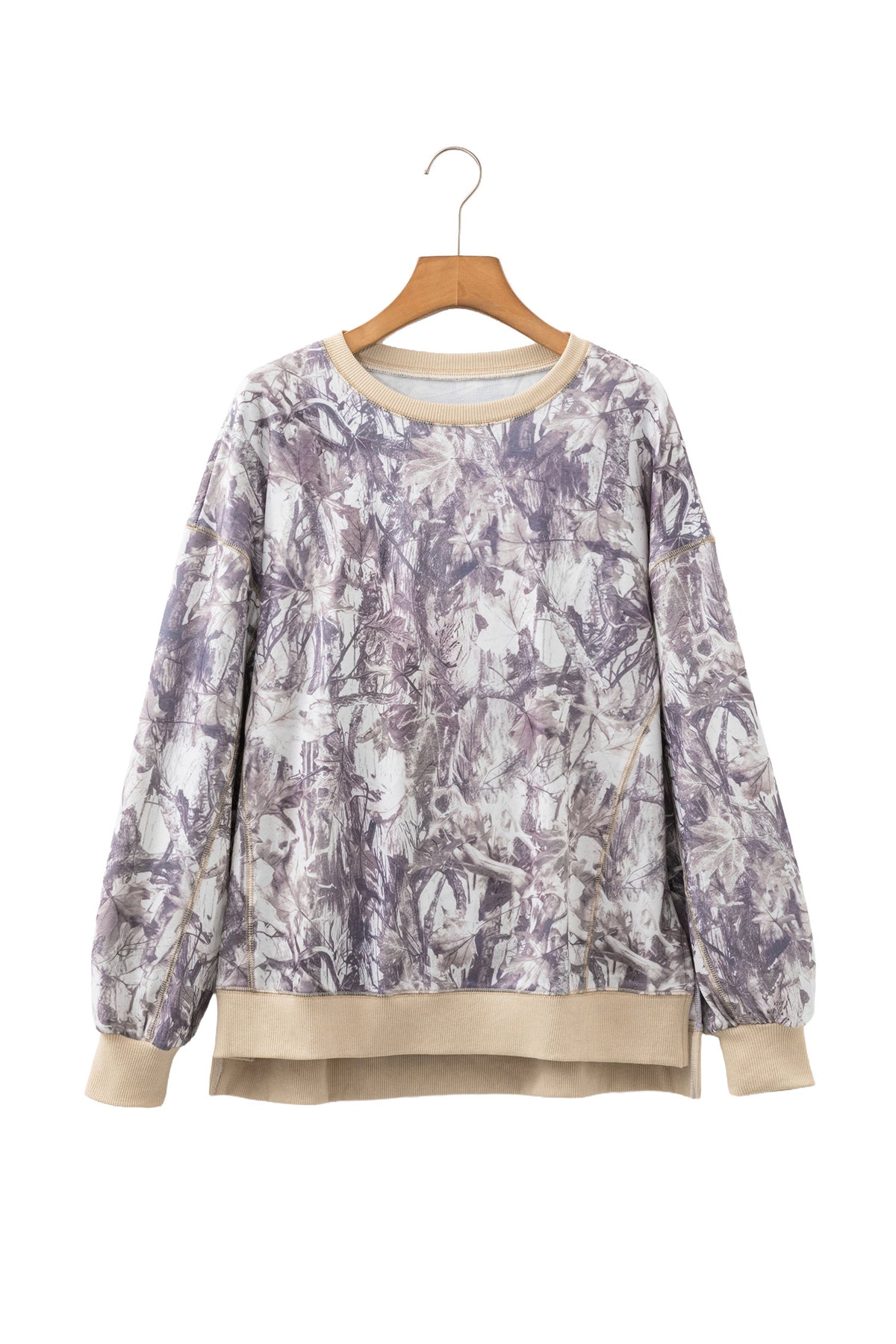 Khaki Abstract Camo Print Colorblock Trim Side Split Tunic Sweatshirt