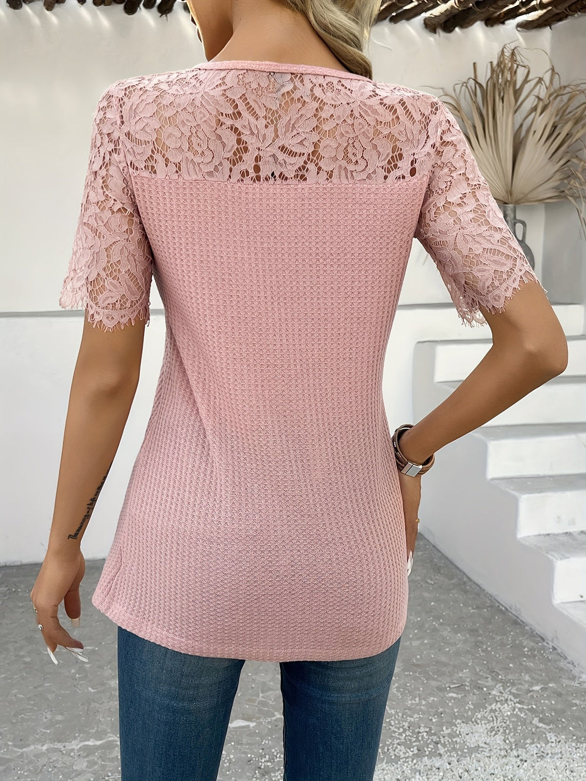 Short Sleeve Round Neck Long Tunic with Floral Embroidery Lace Detail Knit Top