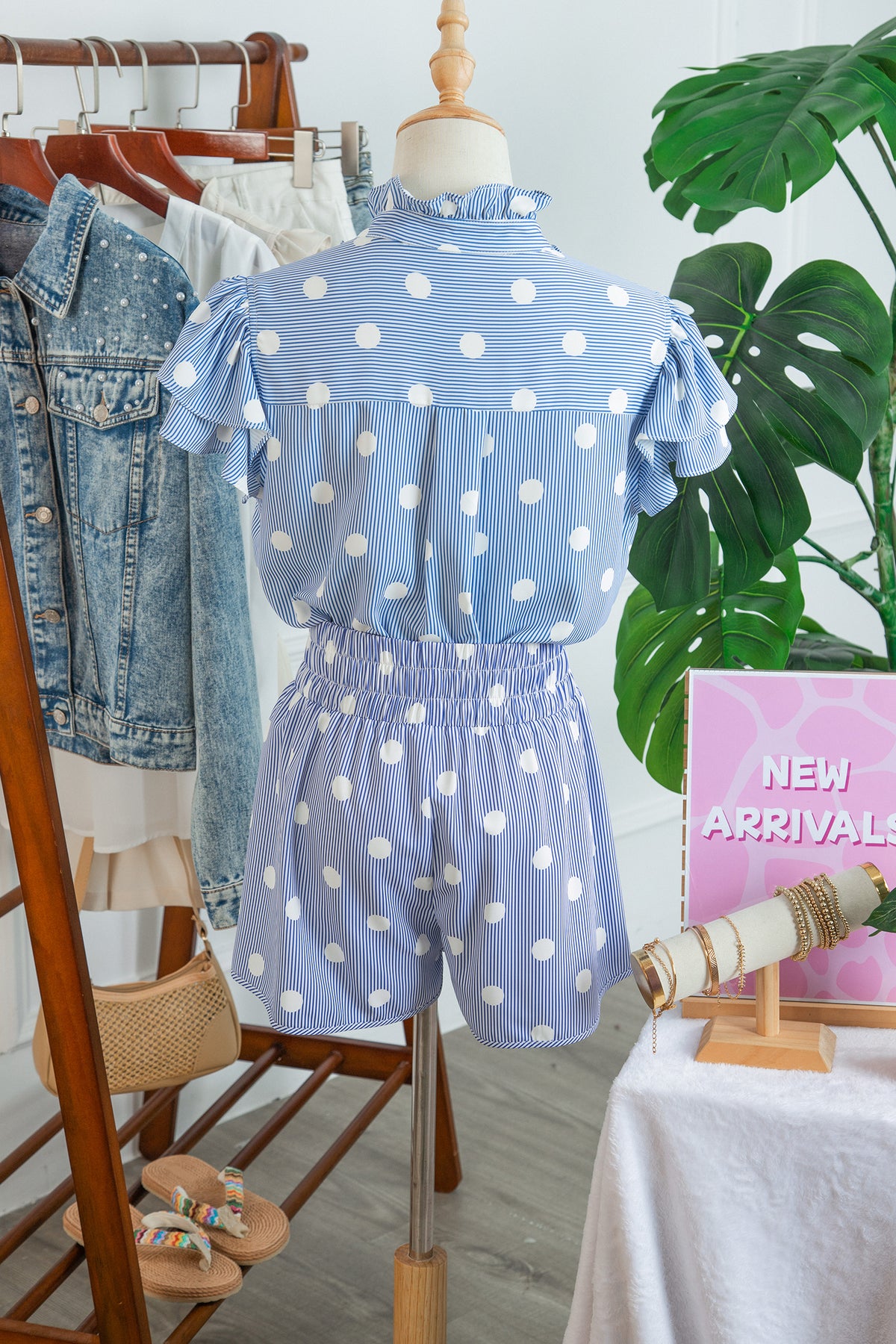 Sky Blue Polka Dot Print Shirred High Waist Casual Shorts