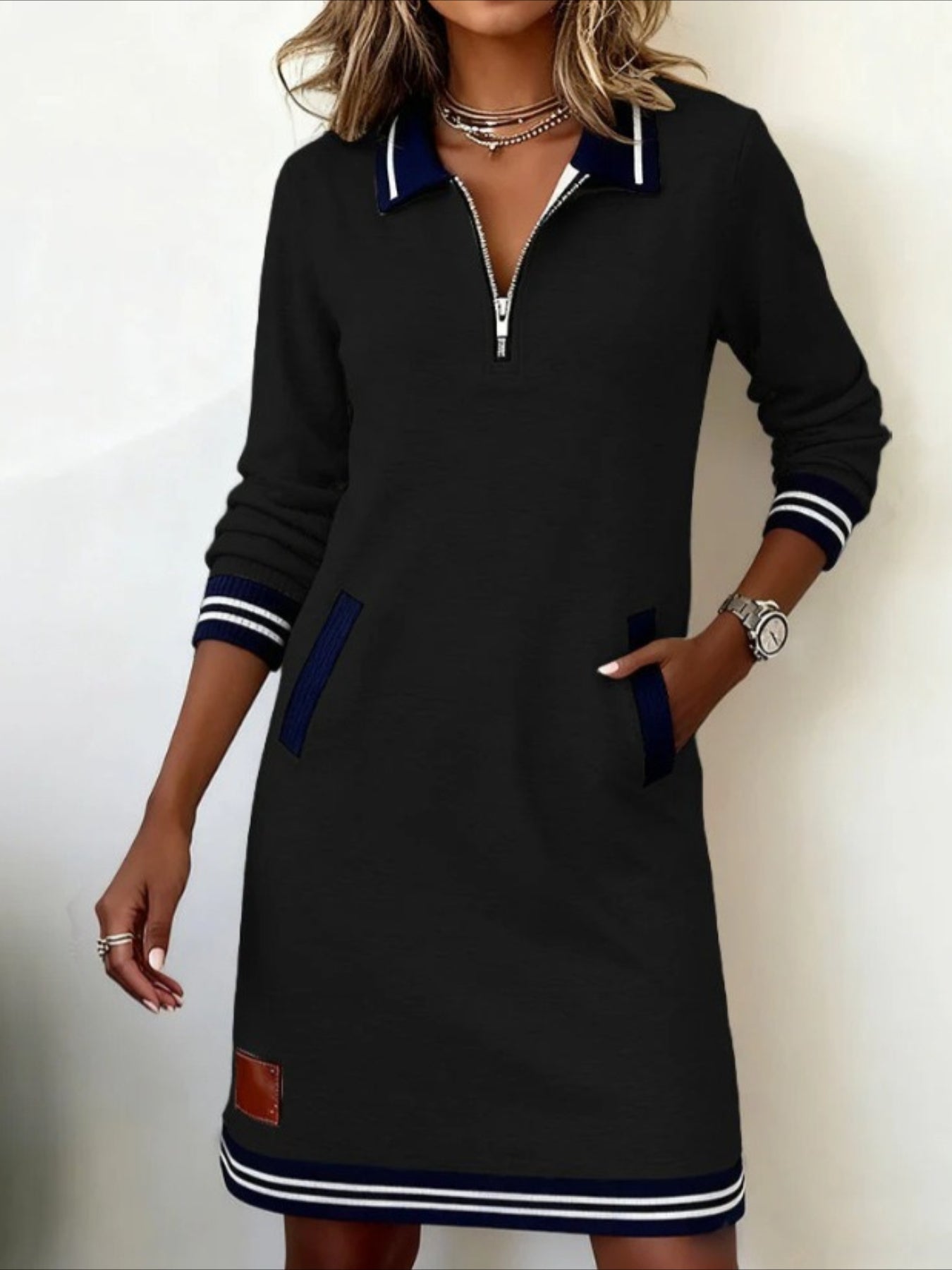 Color Block Spring/Fall Dress V Neck Long Sleeve A-Line Dress