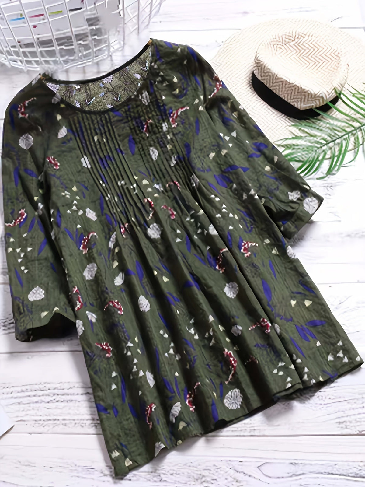 Floral Print Shirt - 3/4 Sleeve, Shirred Round Neck, Loose Fit, Ruffled Blouse