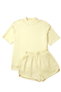 Yellow Cream Solid Color Exposed Seam Mock Neck Oversize Tee Casual Shorts 2pcs Outfit