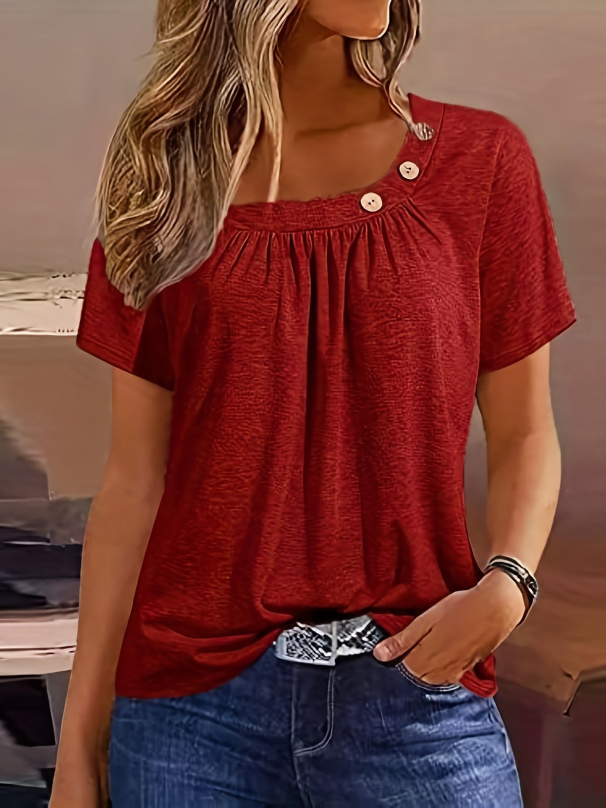 Ruched Solid Blouse, Casual Asymmetrical Short Sleeve Blouse