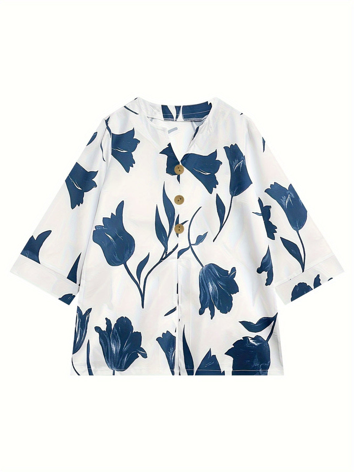 Floral Print Button Decor Blouse, Casual Notched Neck Top