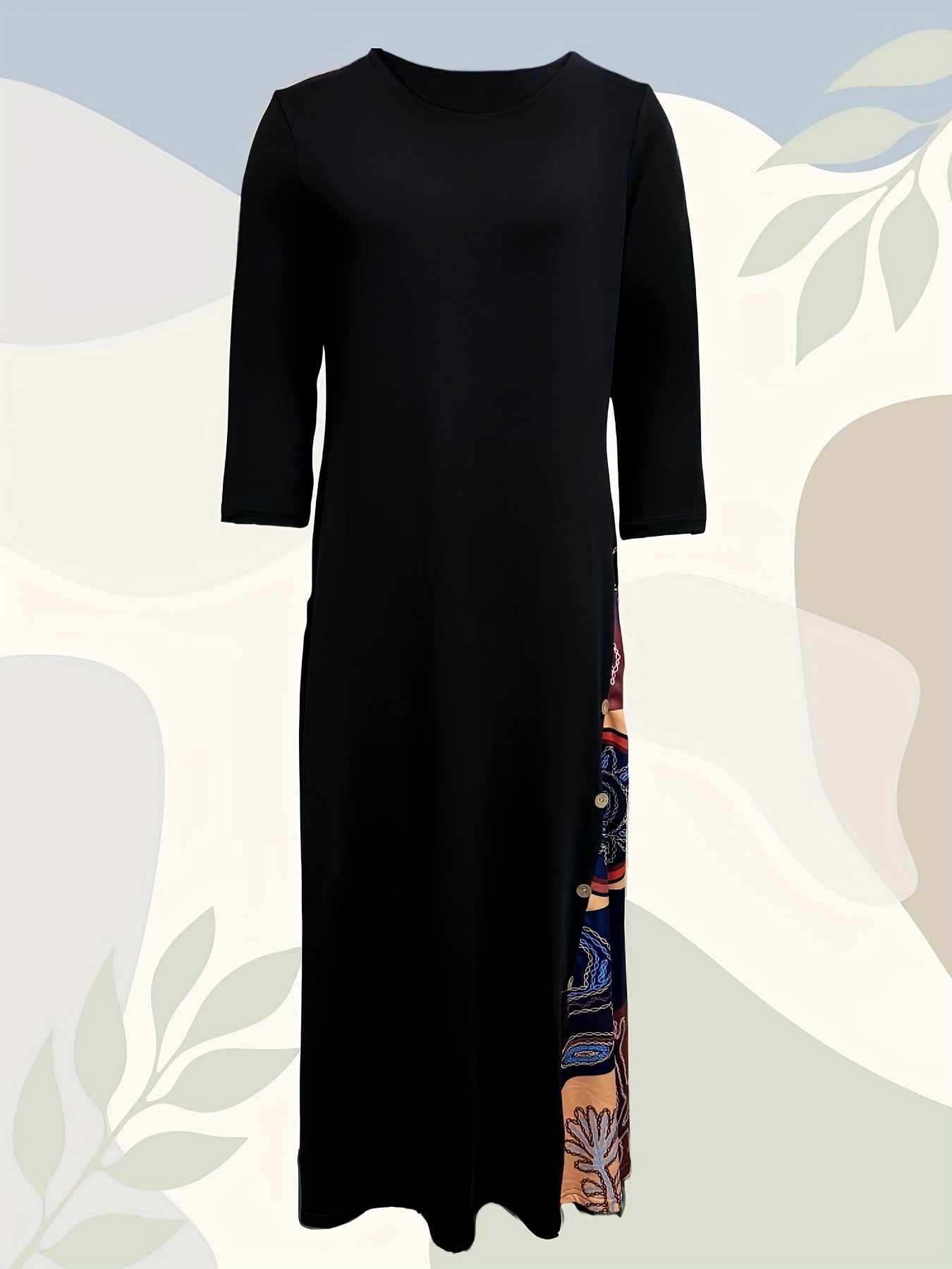 Tribal Print Crew Neck Panel Dress, Casual Long Sleeve Loose Maxi Dress