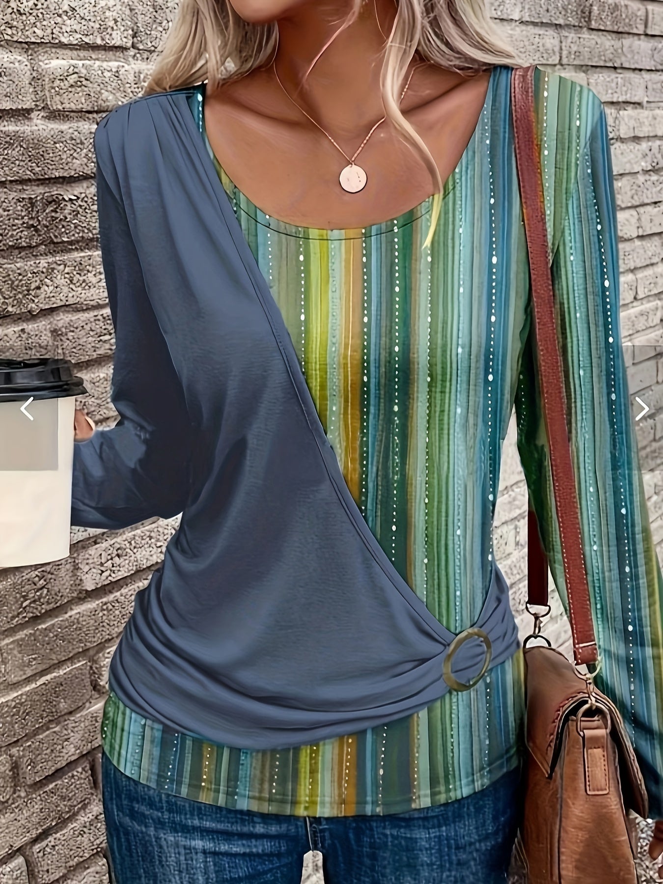 Allover Print Crew Neck T-Shirt, Casual Ring Linked Long Sleeve T-Shirt