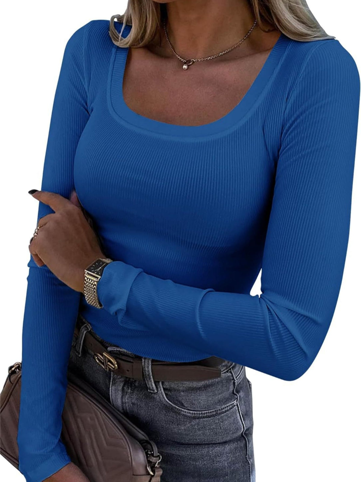 Casual Long Sleeve Square Neck T-shirt