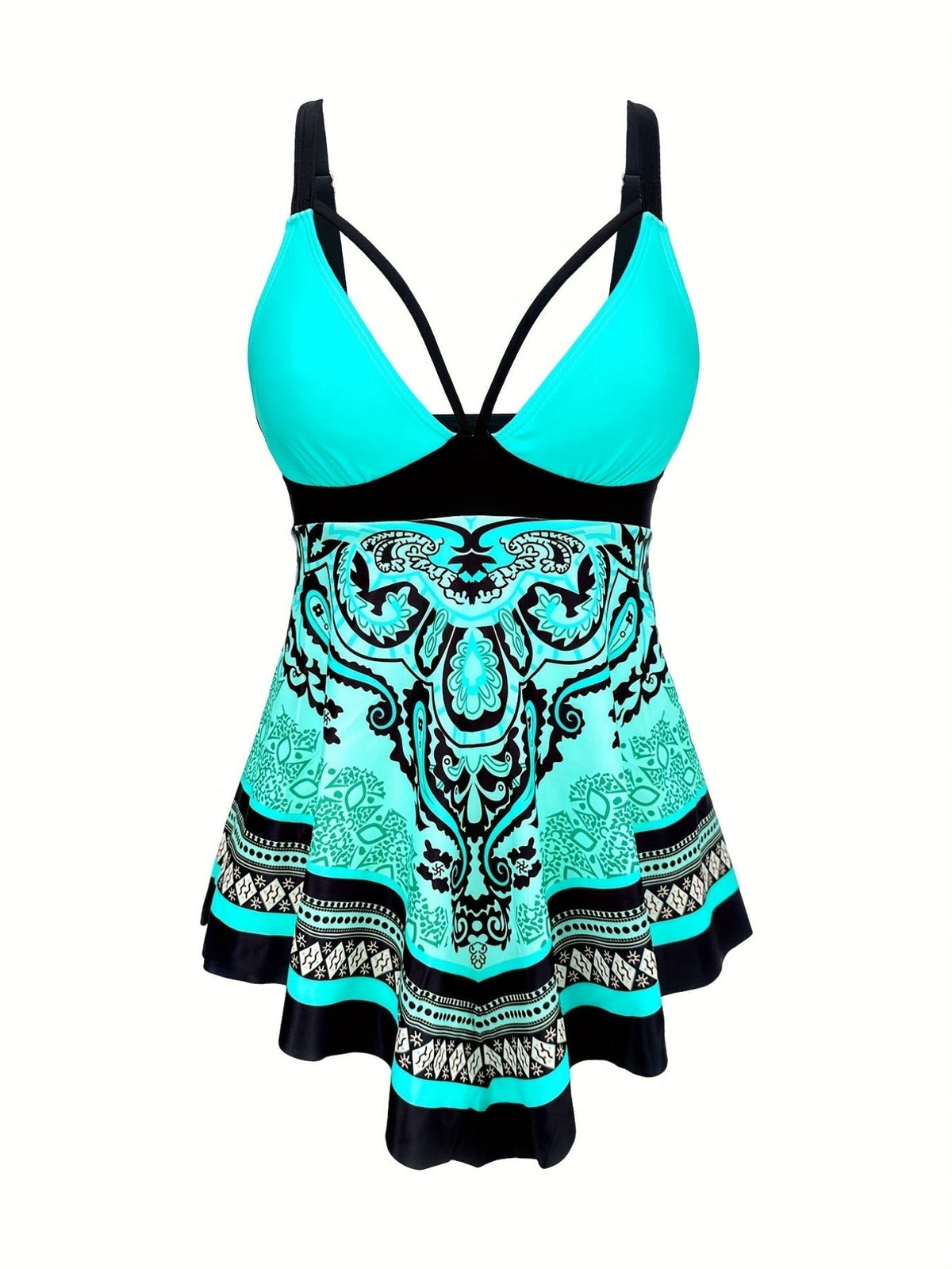 Tribal Print 2 Piece Set Tankini, V Neck Hanky Hem High Cut Swimsuits