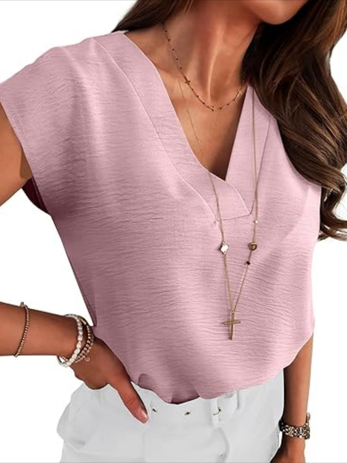 Plain V-Neck Batwing Short Sleeve Casual Loose Blouse