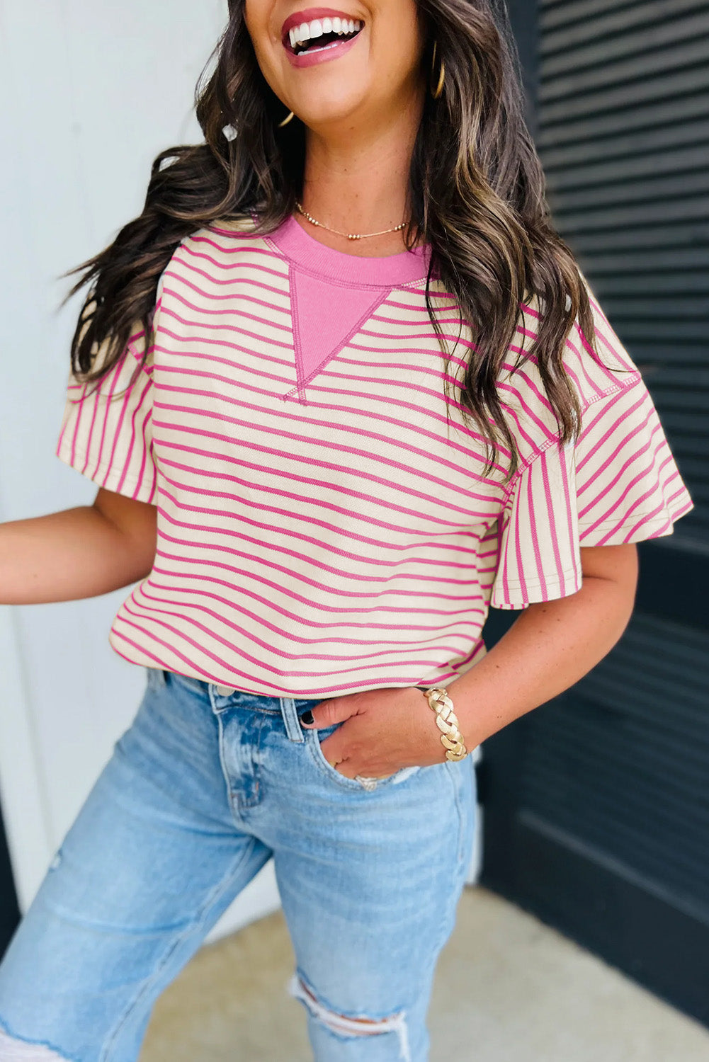 Sachet Pink Contrast Detail Striped Ruffle Short Sleeve Top