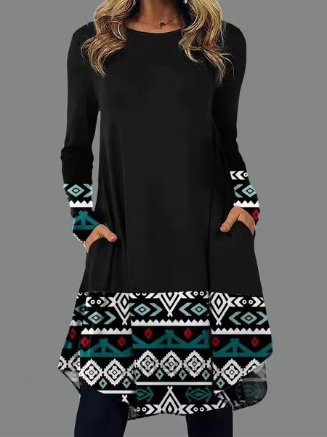 Graphic Print Dress with Long Sleeves and Pockets - Casual and Comfortable