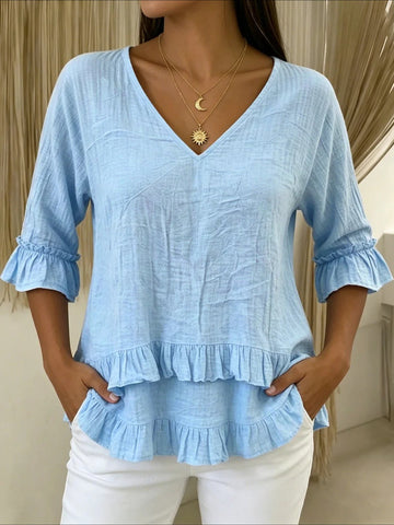 V-neck Ruffled Short Sleeves Blouse