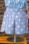 Sky Blue Polka Dot Print Shirred High Waist Casual Shorts