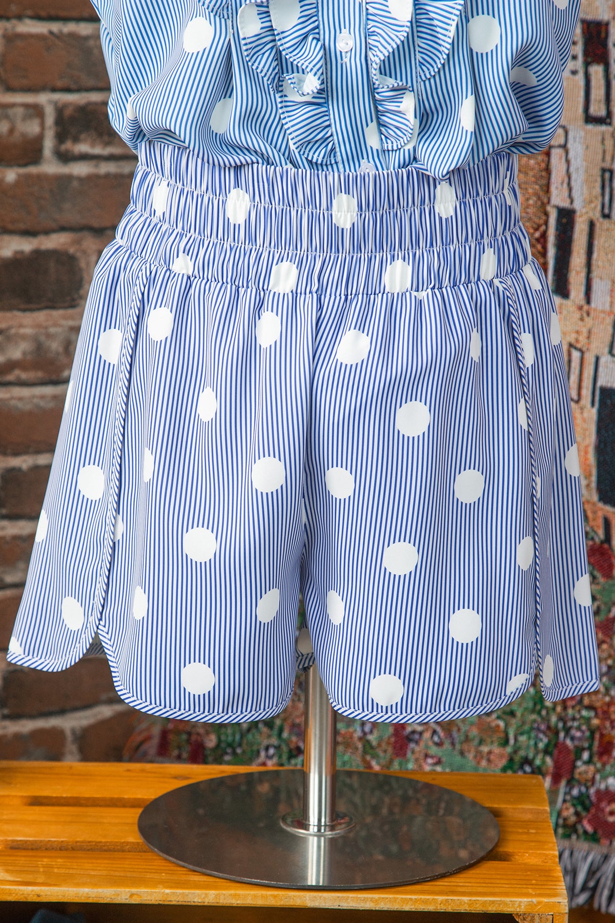 Sky Blue Polka Dot Print Shirred High Waist Casual Shorts