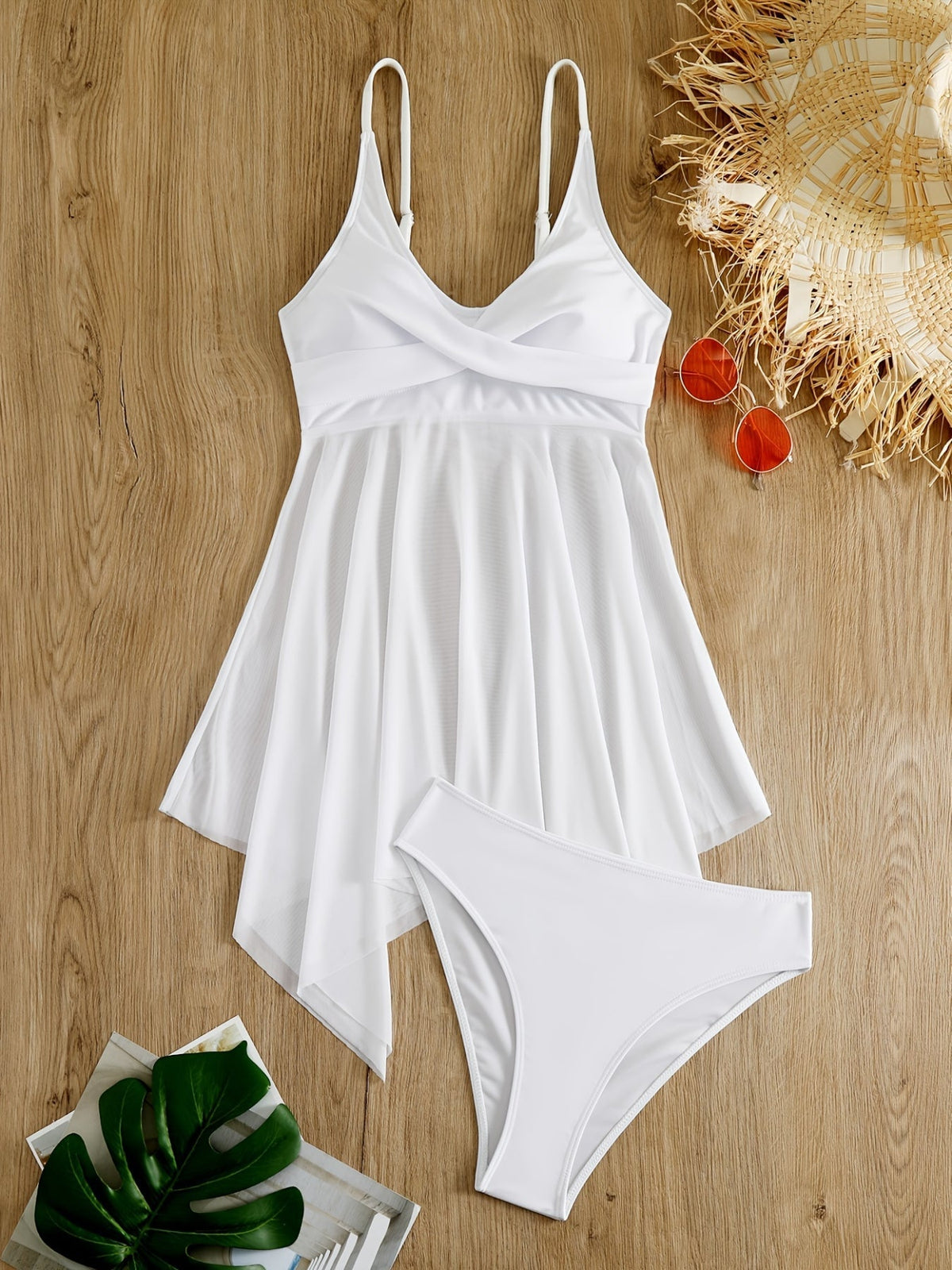 Plain Mesh Contrast Criss Cross Skirted 2 Piece Set Bikini, Scoop Neck Spaghetti Strap Twist Solid Color Swimsuit For Beach Pool Bathing