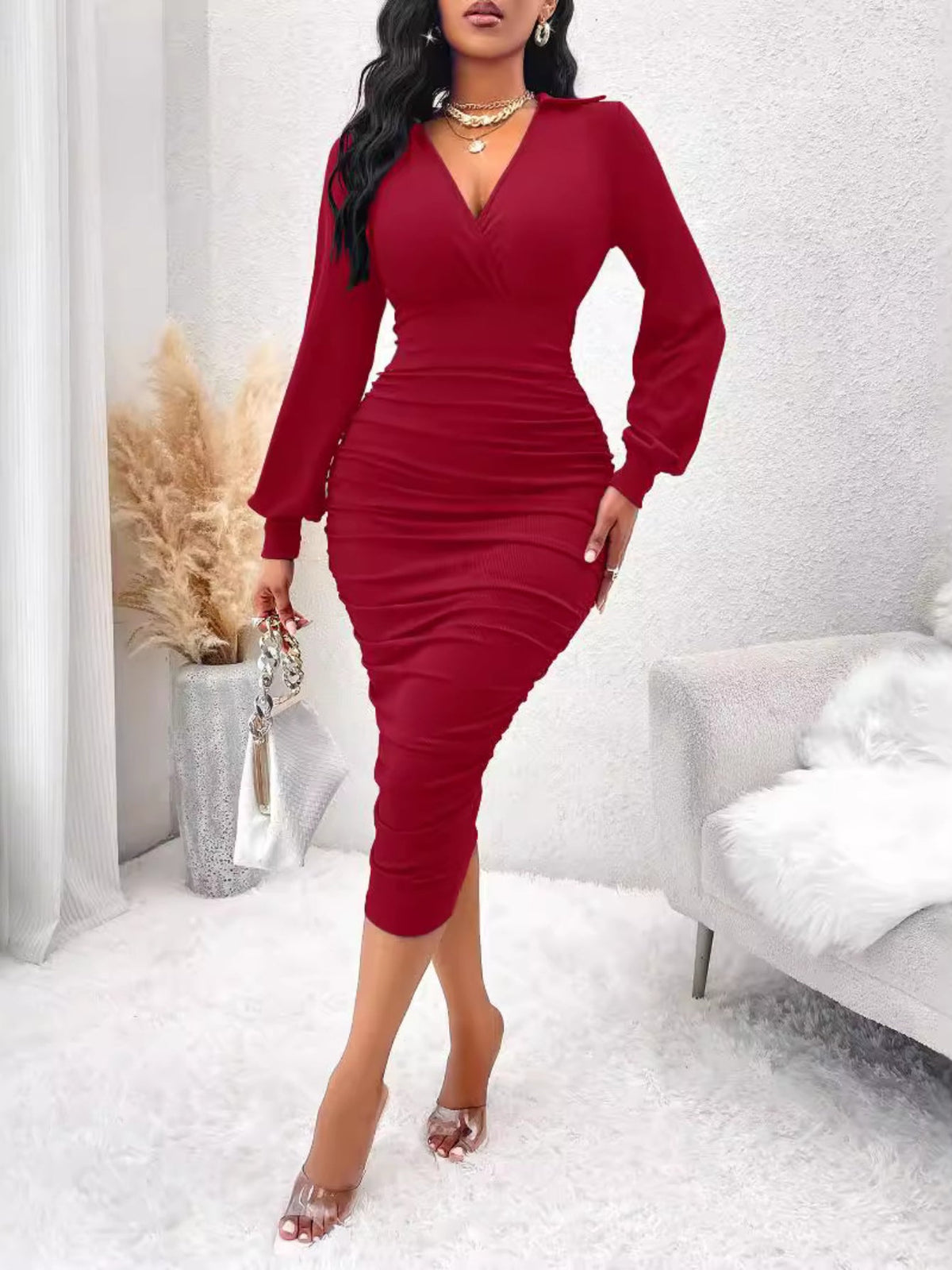 Elegant Side Ruched Long Sleeve Solid Color V-Neck Midi Dress