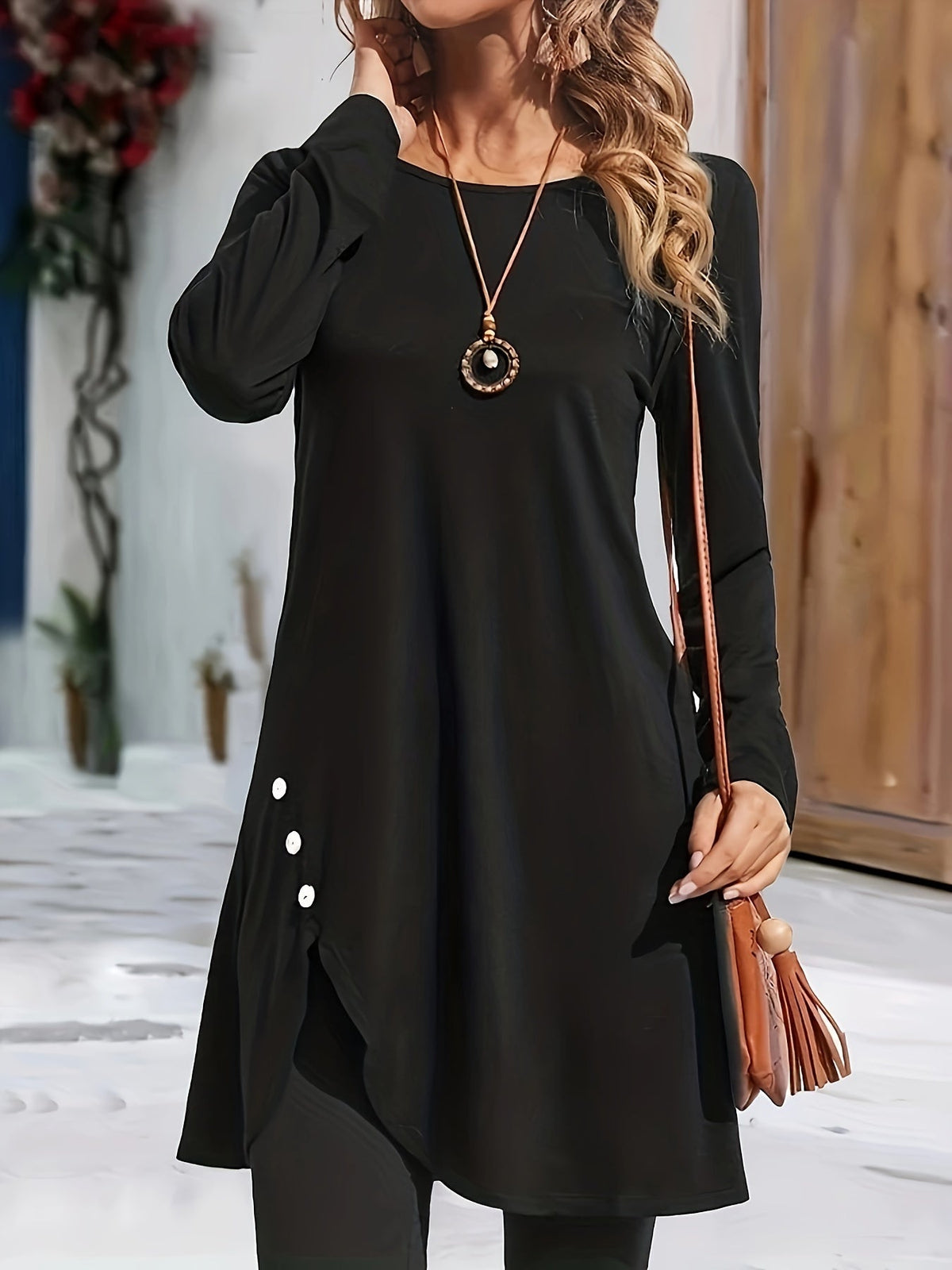 Solid Color Crew Neck, Casual Long Sleeve Asymmetric Hem Dress