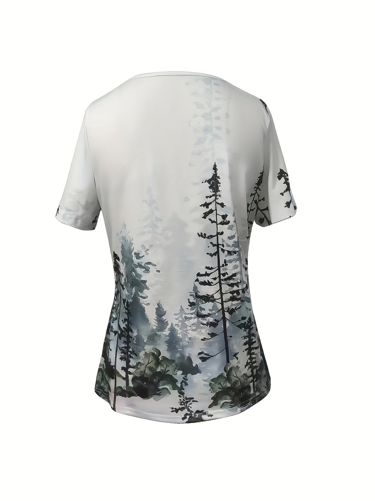 Tree Print V Neck T-Shirt, Casual Short Sleeve Top