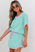 Moonlight Jade Colorblock Edge Drop Shoulder T Shirt and Skort 2Pcs Set