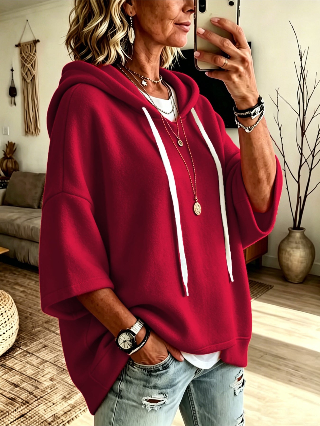 Loose 3/4 Sleeve Hooded Drawstring Bat-sleeved Sweatshirt