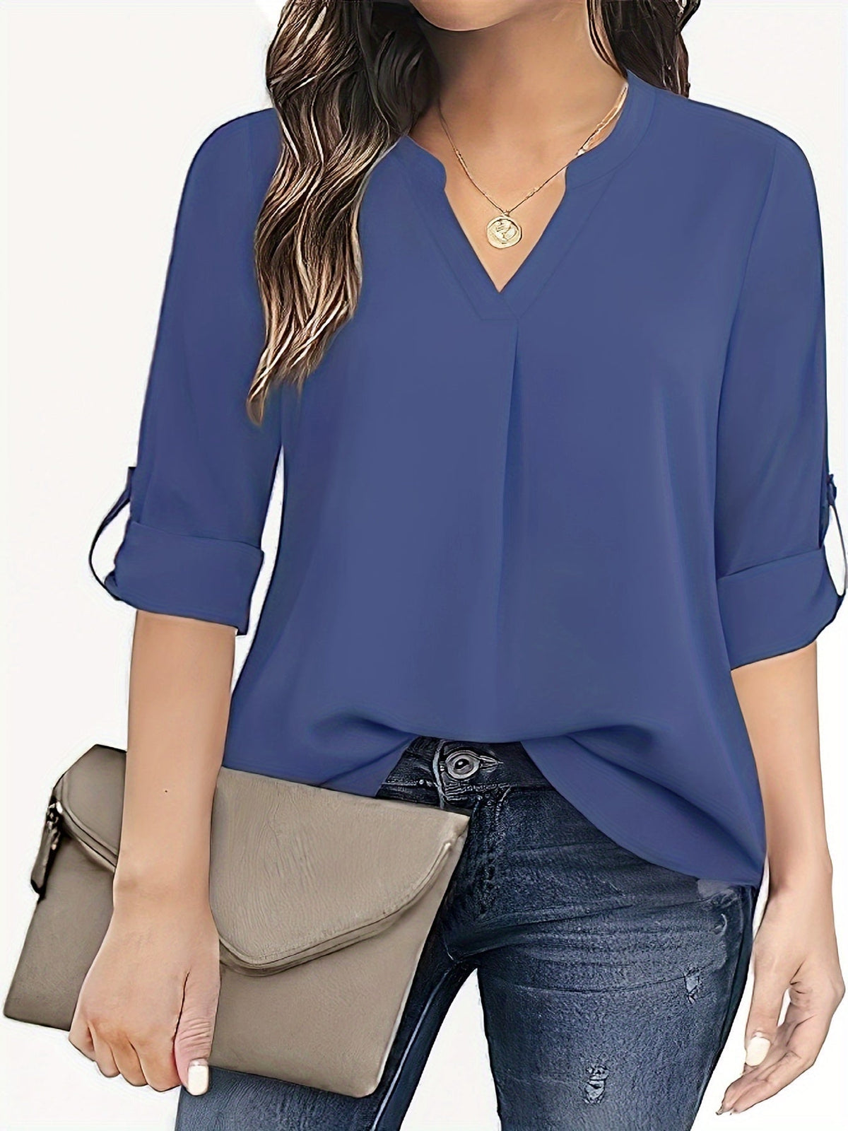 Solid Simple Blouse, Casual V Neck Long Sleeve Blouse