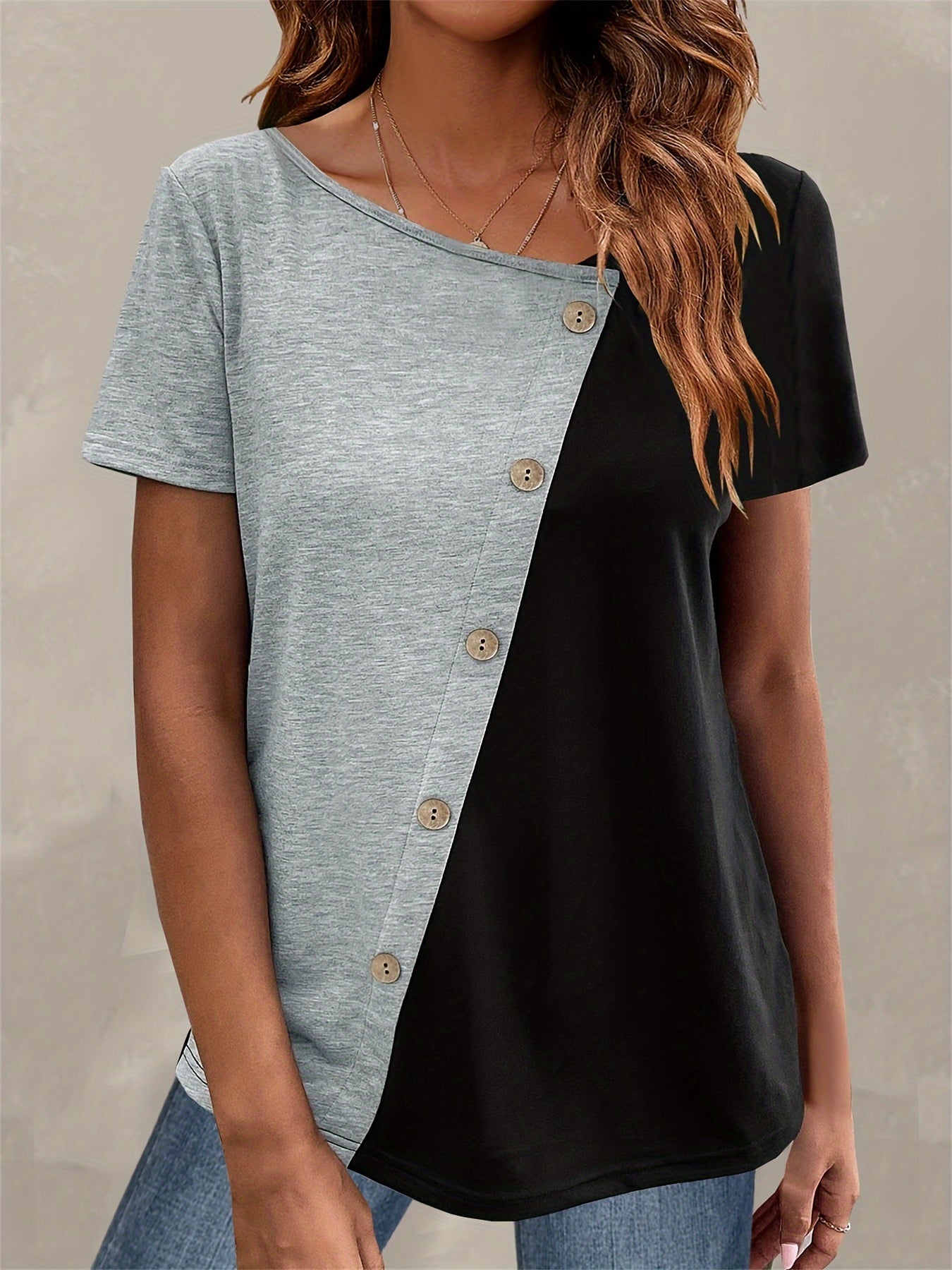 Color Block Asymmetrical Neck T-Shirt - Casual Short Sleeve Top