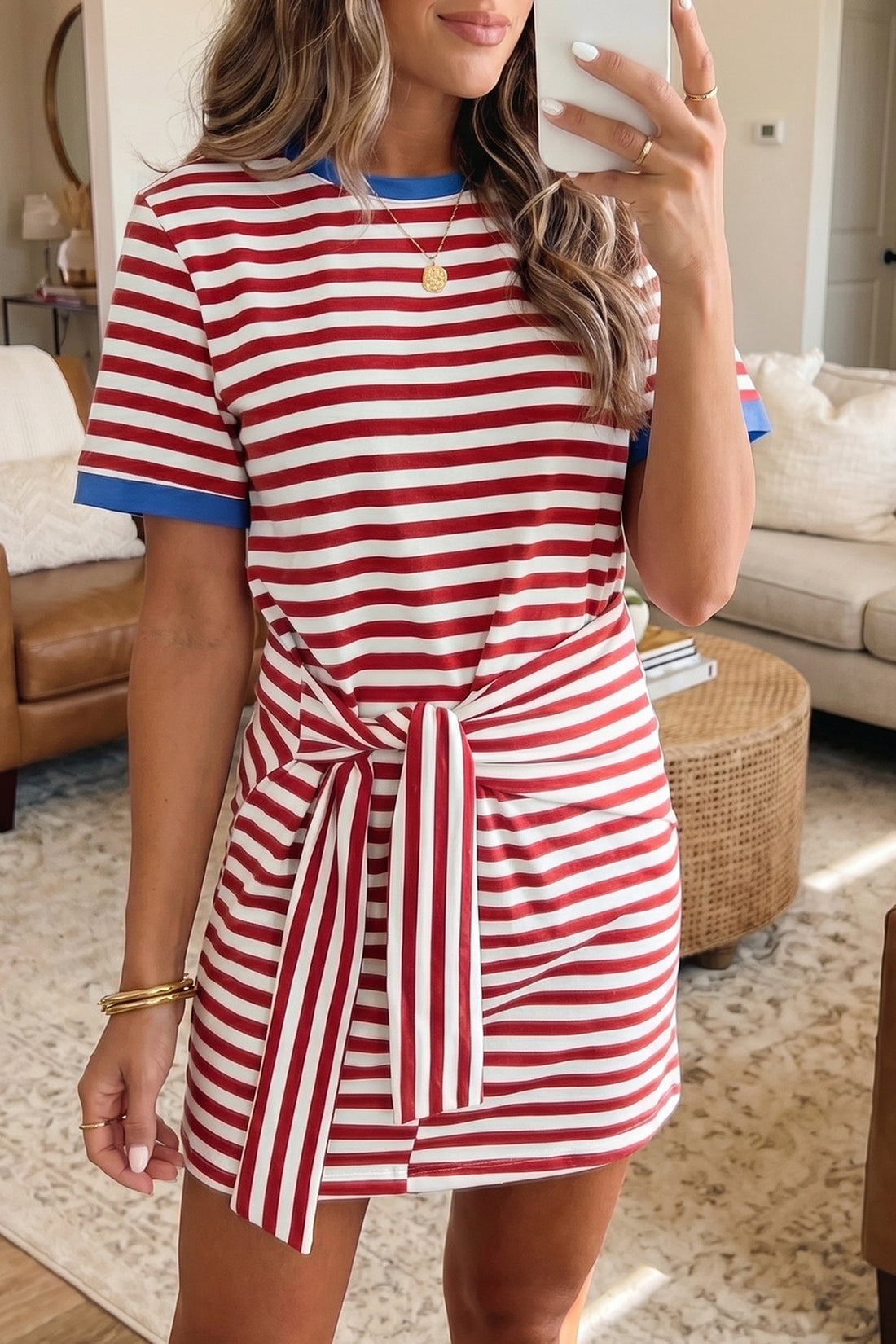 Red Nautical Tie Contrast Trim Round Neck T Shirt Mini Dress