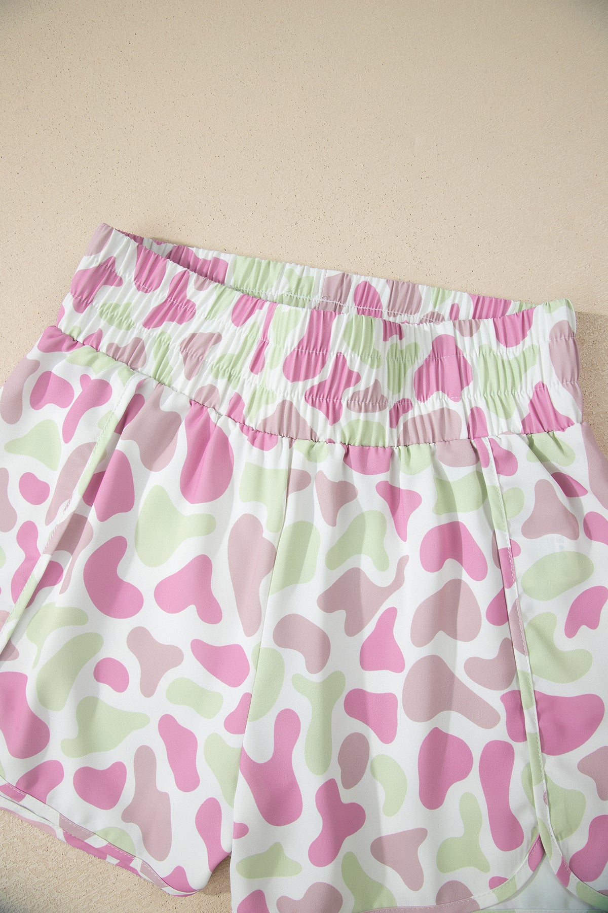 Green Camouflage Print Shirred High Waist Athleisure Shorts