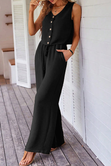 Black Buttoned Vest Drawstring Wide Leg Pants 2pcs Set