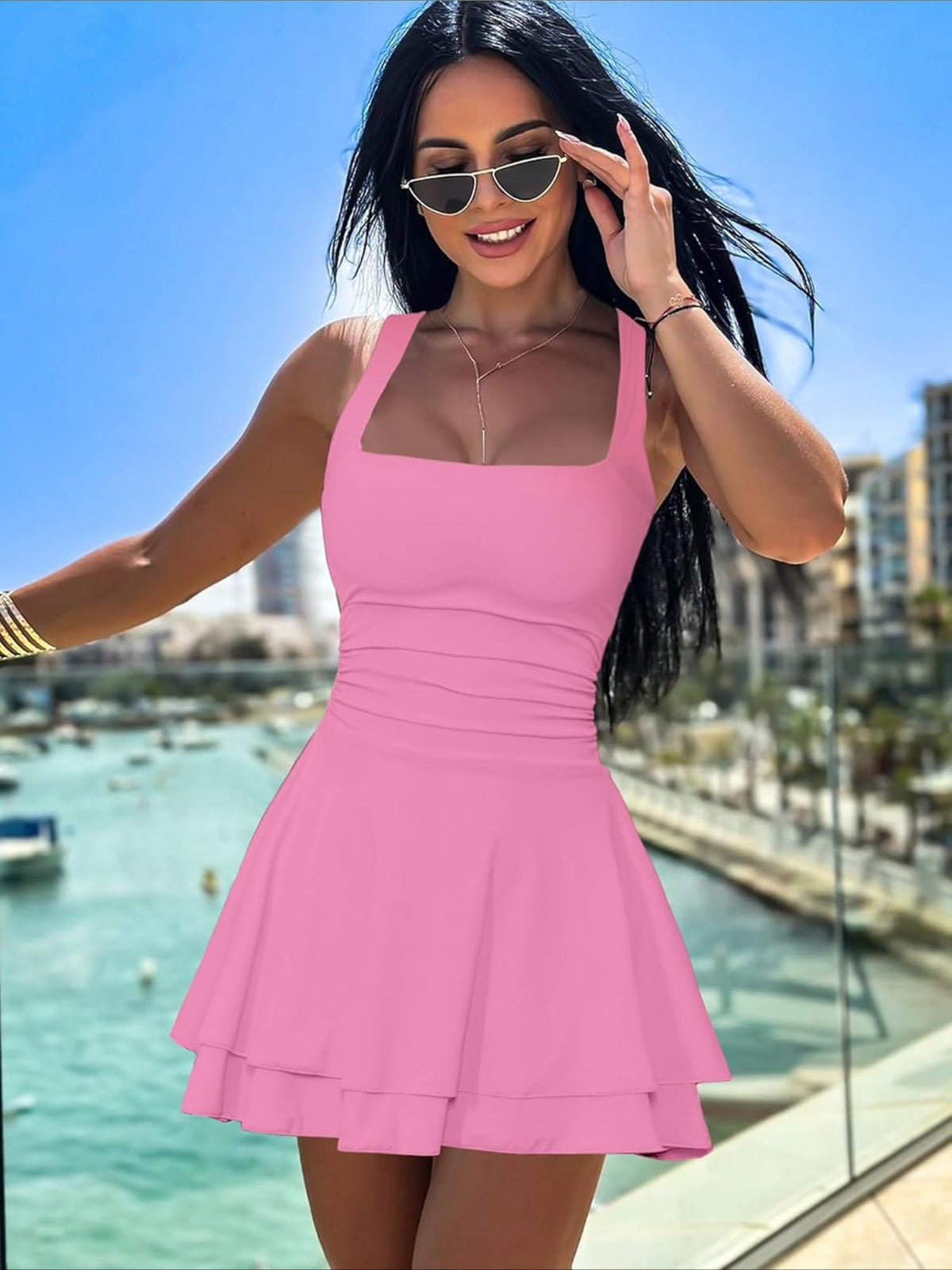Solid Color Square Neck Ruffle Hem Ruched Waist Mini Dress