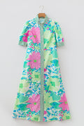 Green Stripe Floral Print Striped Trim Button Down Short Sleeve Vacation Dress