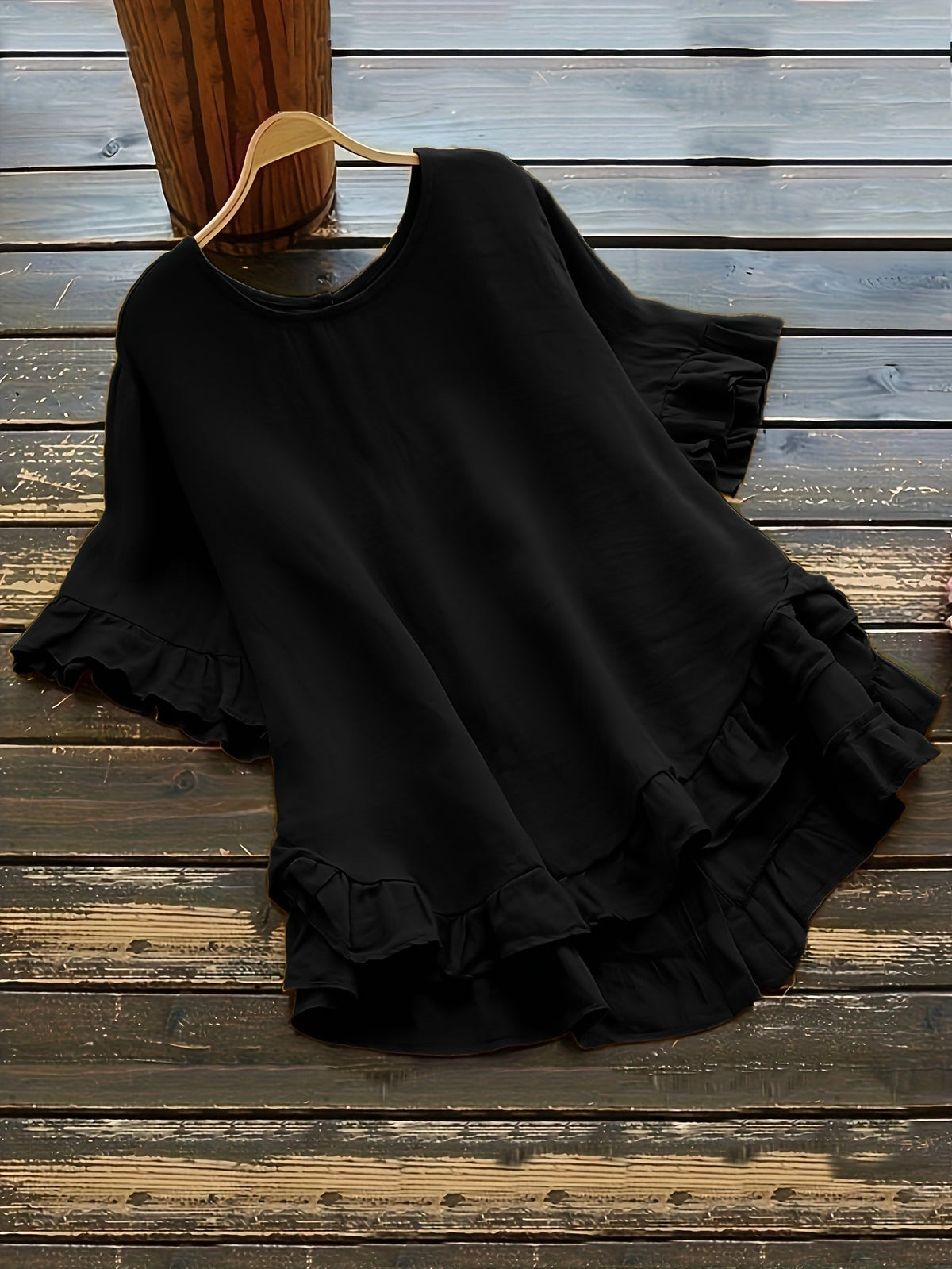 Solid Button Back Ruffled Trim Blouse, Casual Short Sleeve Blouse