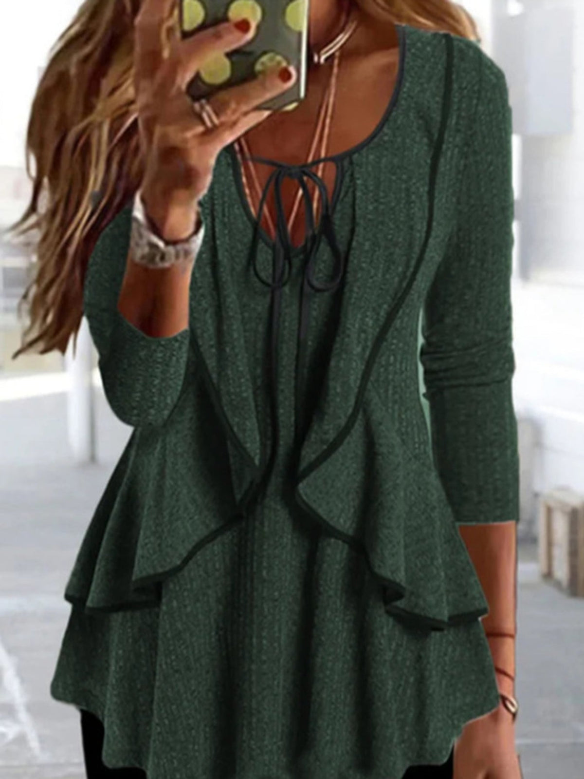 Tie Front Ruffle Trim T-Shirt, Casual Long Sleeve Top
