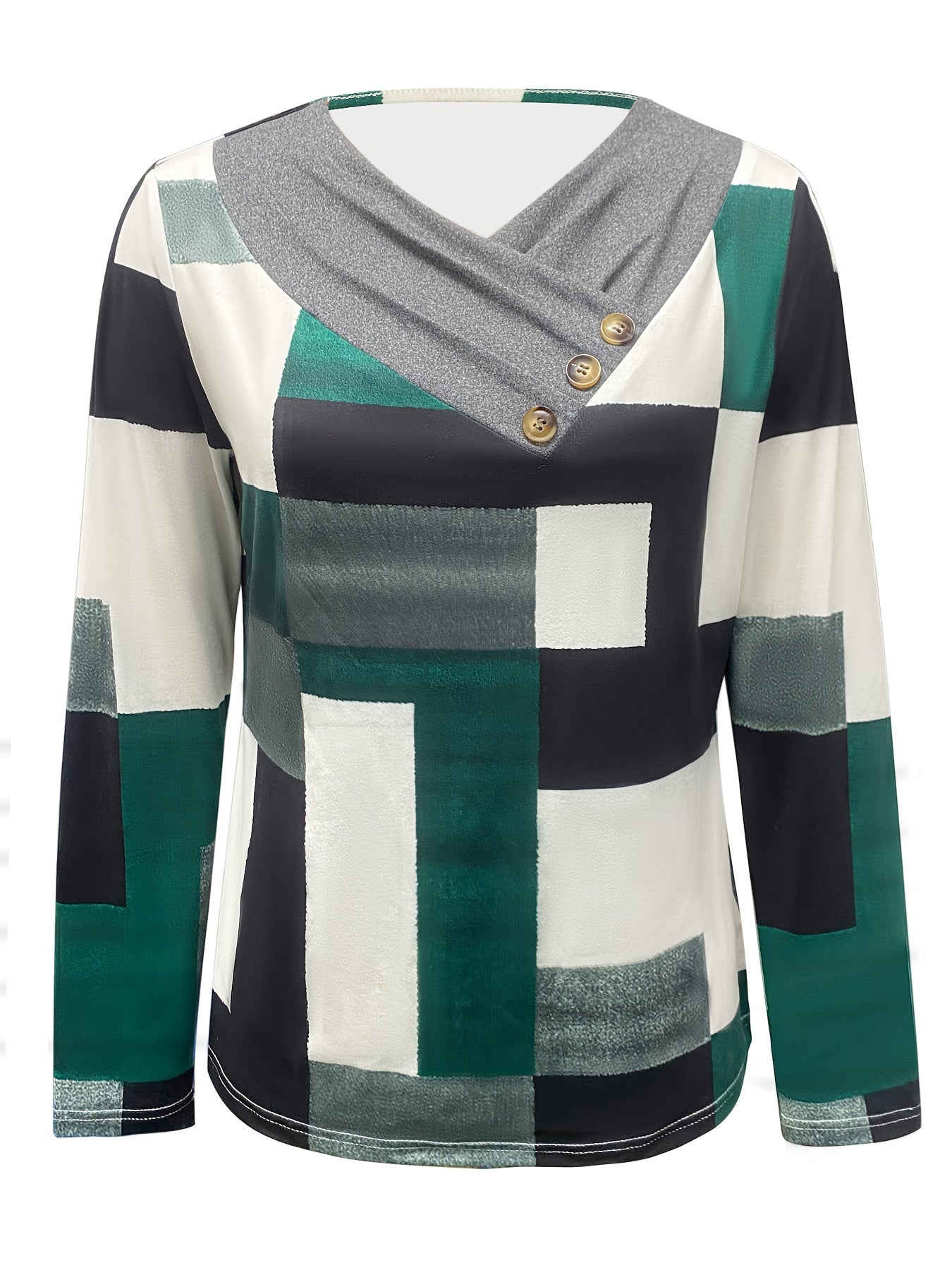 Colorblock Print Ruched T-Shirt, Casual Long Sleeve Top