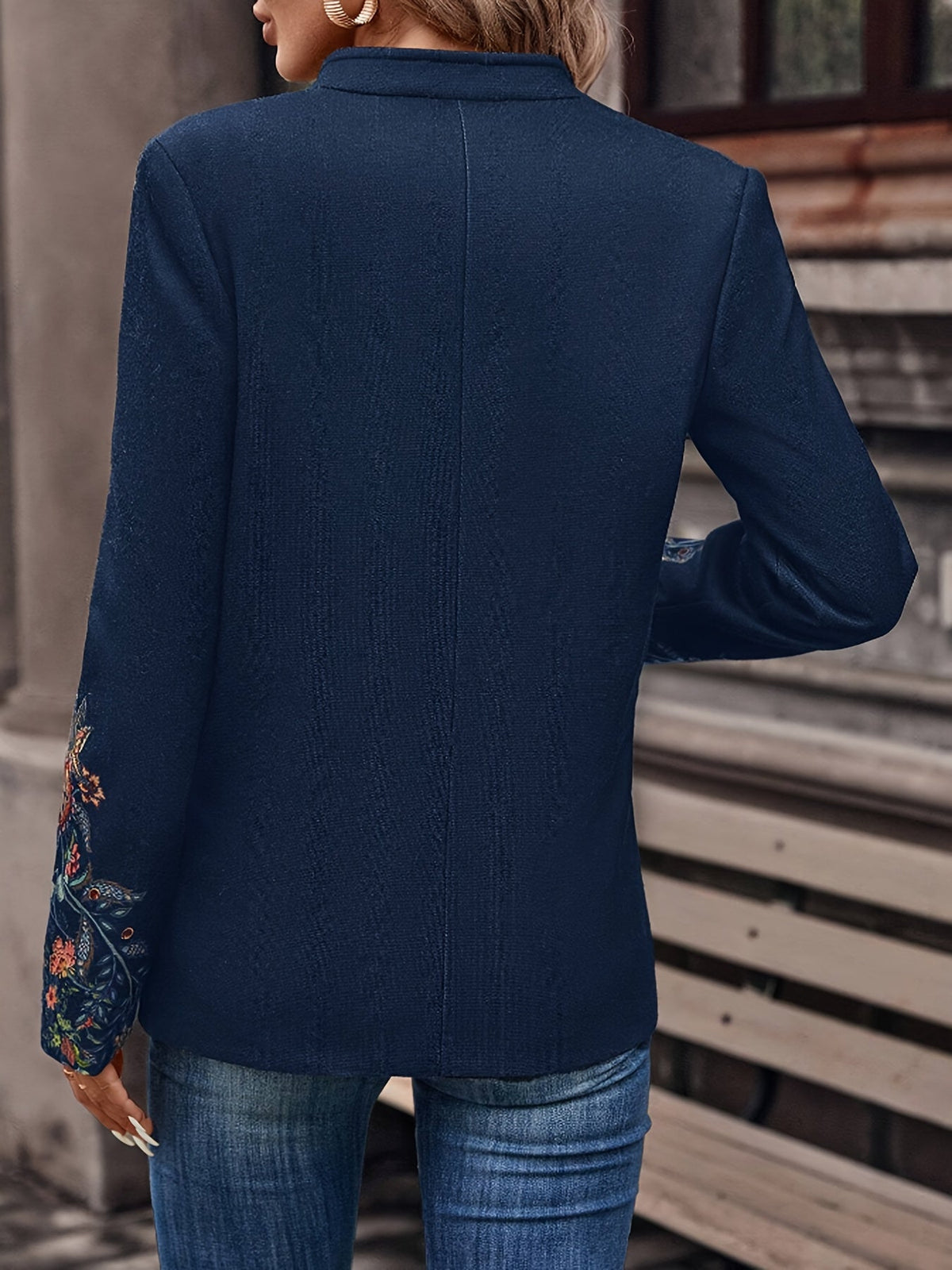 Floral Double-Breasted Jacket, Elegant Long Sleeve Stand Collar Vintage Jacket