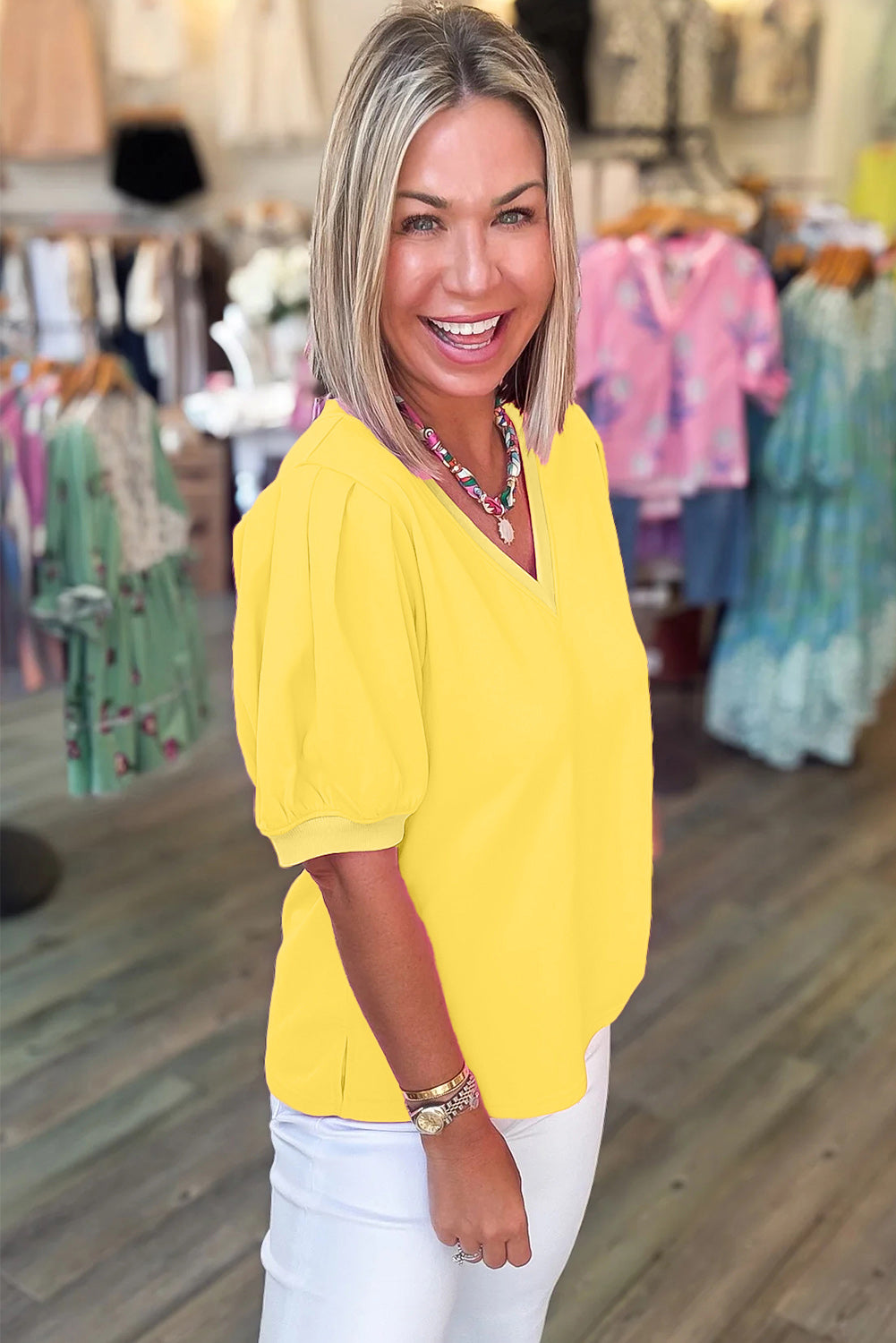 Yellow Solid Color V Neck Short Puff Sleeve Blouse