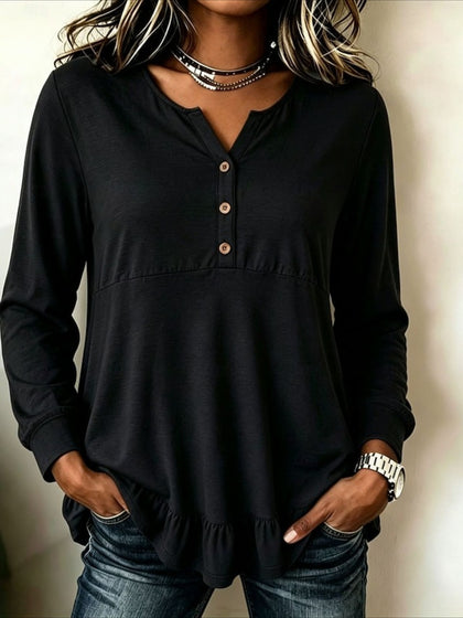 Ruffle Solid Color Plain Elegant Ladies Casual Long Sleeve Henry Collar Regular Tops