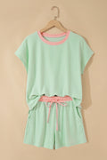 Clearly Aqua Soft Ribbed Color Block Trim Casual Short Set