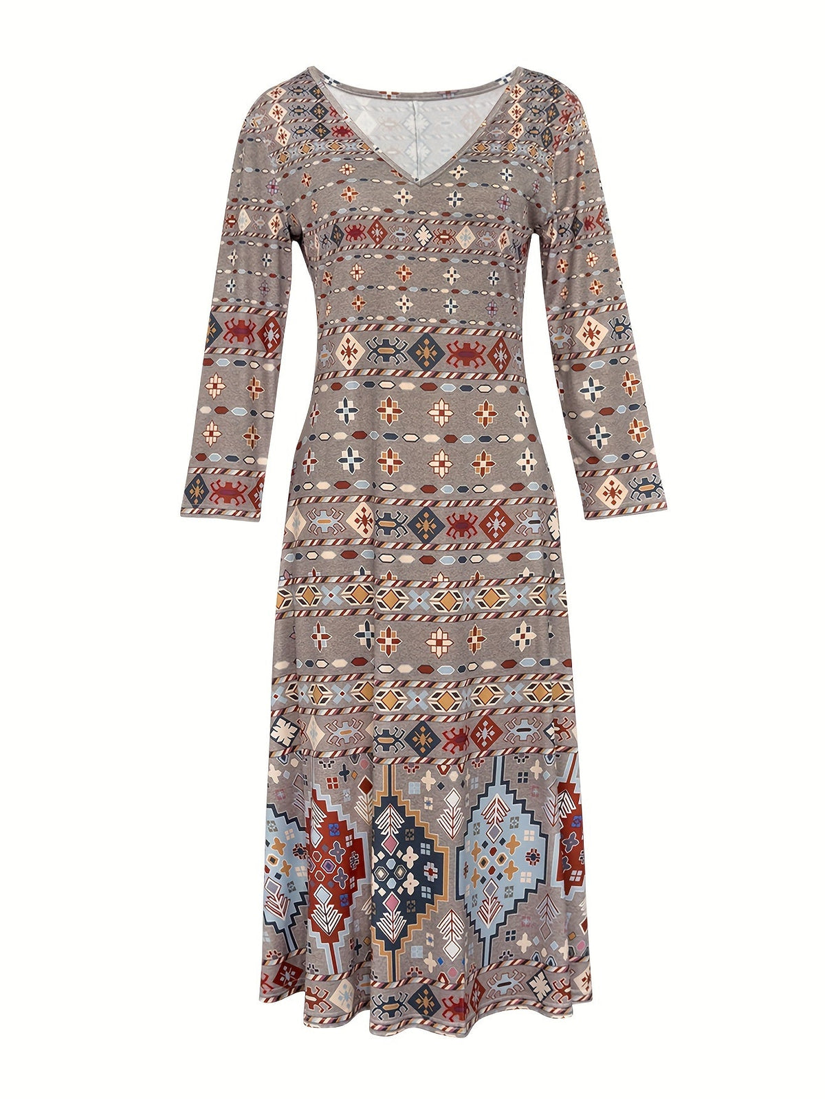 Elegant V-Neck Long Sleeve Geometric Print Knit Fabric Midi Dress