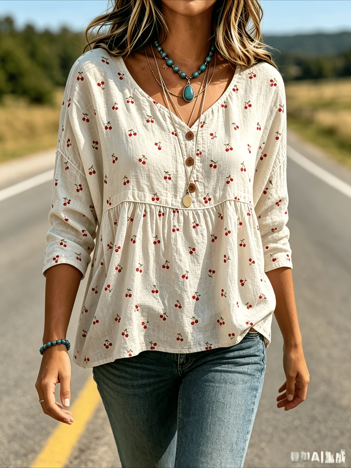 Floral Print 3/4 Sleeve V-Neck Three-Button Front Babydoll Blouse