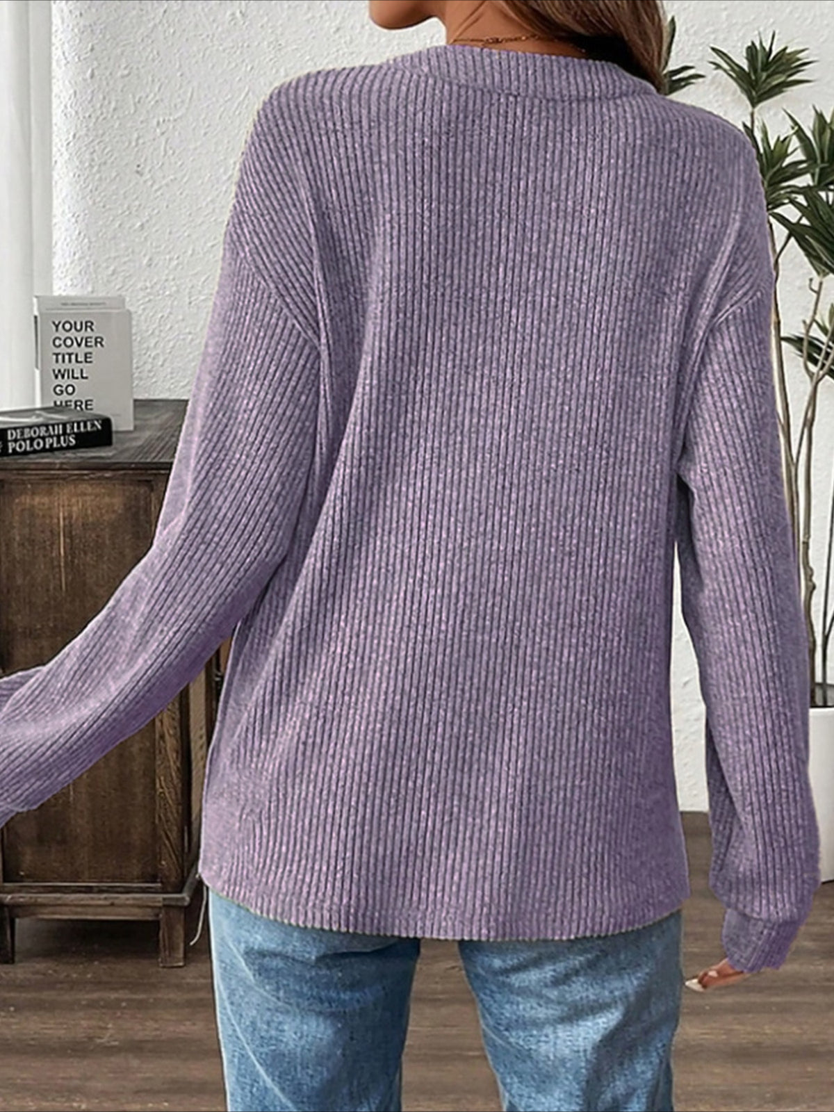 Ribbed Button Detail Long Sleeve T-Shirt