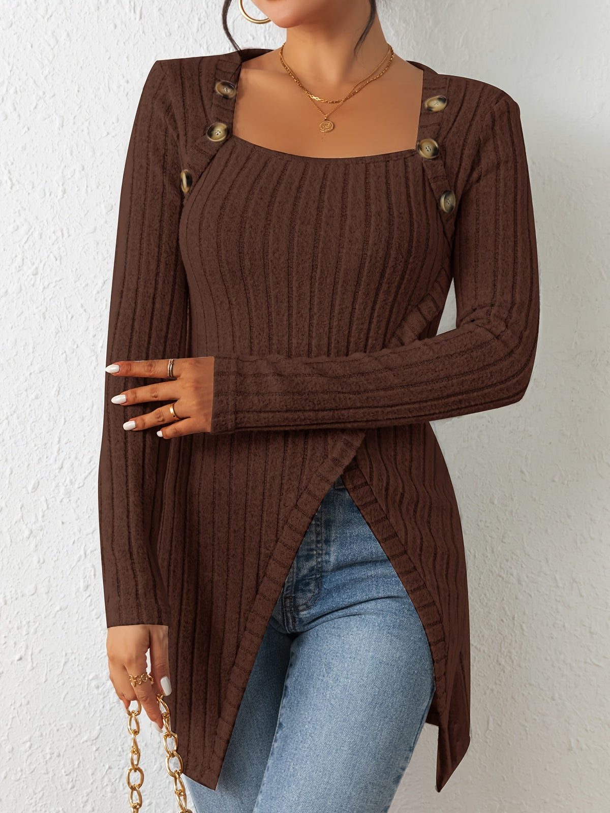 Button Decor Asymmetrical Hem T-Shirt, Casual Ribbed Long Sleeve Top